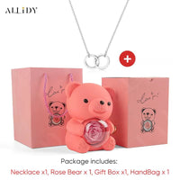 Women's Red Eternal Rose Teddy Bear with Stainless Steel Custom Names Necklace Jewelry Gifts Set for Woman Valentine'S Gift