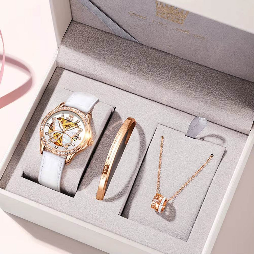 Automatic Watches for Women Luxury Rose Gold Skeleton Mechanical Waterproof Luminous Women Bracelets Watches Elegant Set
