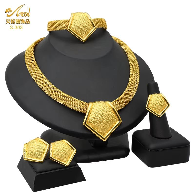Dubai 24K Gold Color Jewelry Set for Women African Nigerian Necklace Set Earrings and Bracelets Bridal Indian Fashion