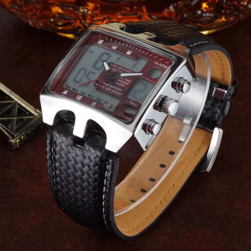 OHSEN Watches Men Sports Watches Men Dual Display Quartz Wristwatches Leather Men'S Watches Relogio Masculino Reloj Hombre