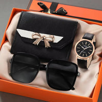 Luxury 3PCS Set Women Casual Leather Watches Quartz Wristwatches & Ladies Heart Bow Wallet Glasses Sunglasses Clock Montre Femme