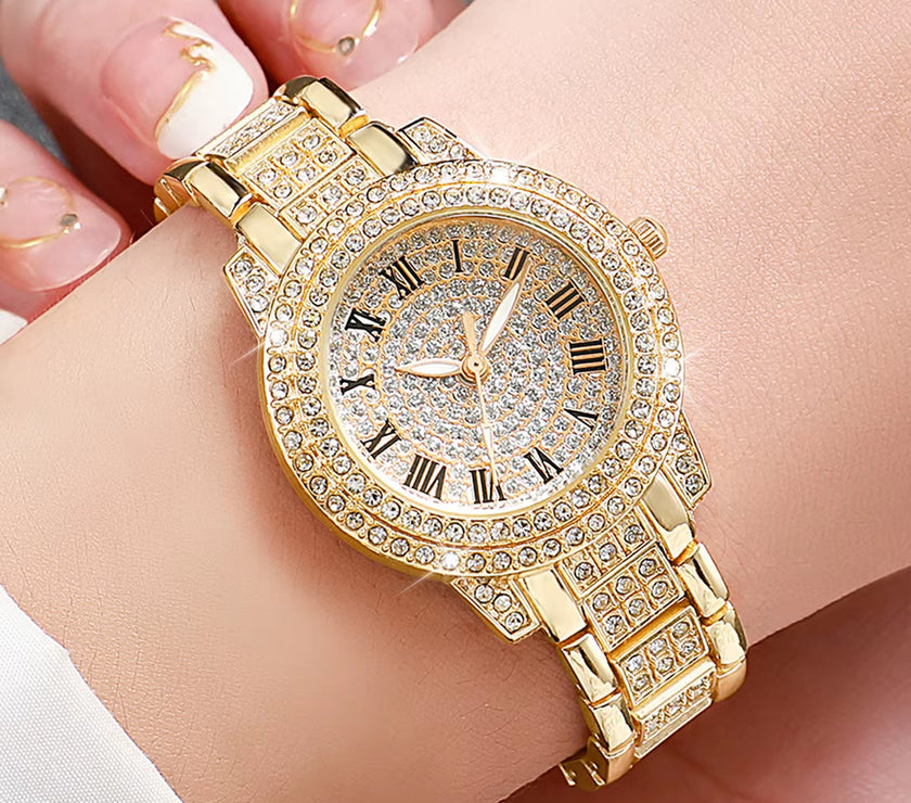 2PCS Fashion Diamond Women Watches Gold Watch Ladies Wrist Watches Luxury Rhinestone Womens Bracelet Watches Relogio Feminino