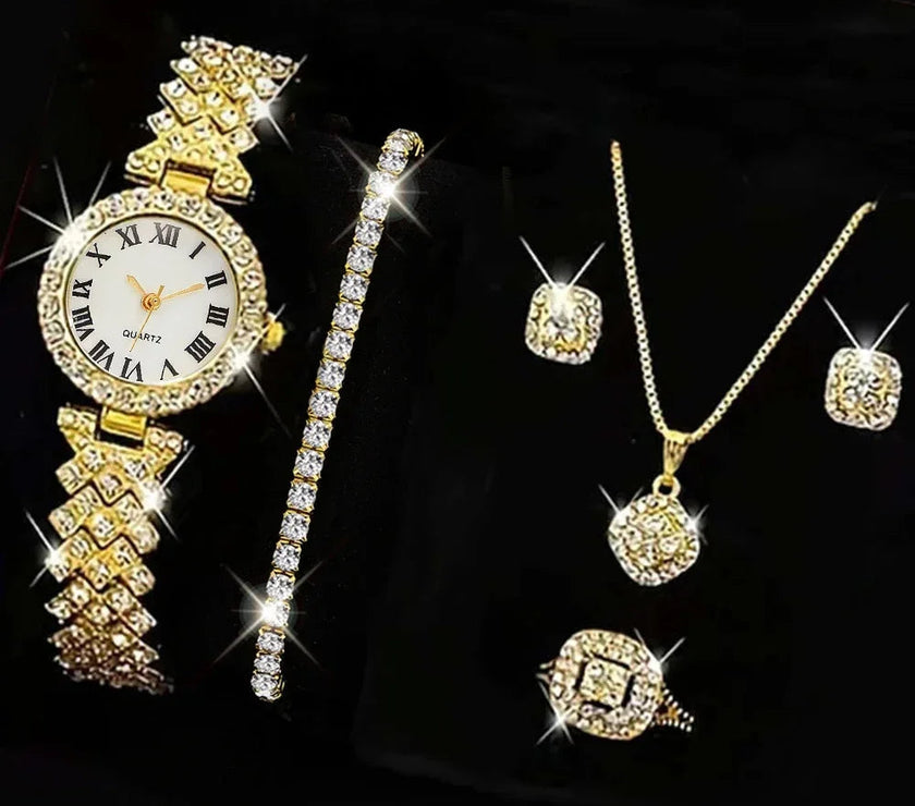 5PCS Set Watch Women Ring Necklace Earrings Rhinestone Fashion Wristwatch Female Casual Ladies Watches Bracelet Set Clock Reloj