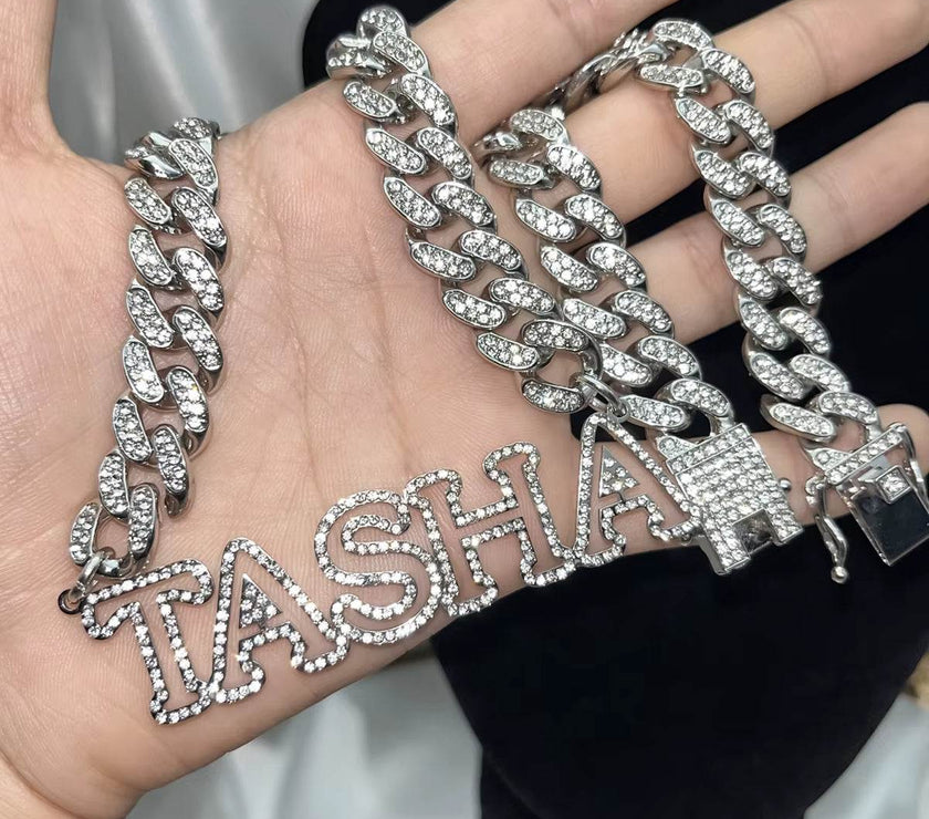 Custom Bling Name Necklace Zircon Name Necklace 12Mm Miami Cuban Link Choker 3D Hollow Name Pendant Men Necklace Father Day Gift