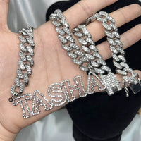 Custom Bling Name Necklace Zircon Name Necklace 12Mm Miami Cuban Link Choker 3D Hollow Name Pendant Men Necklace Father Day Gift