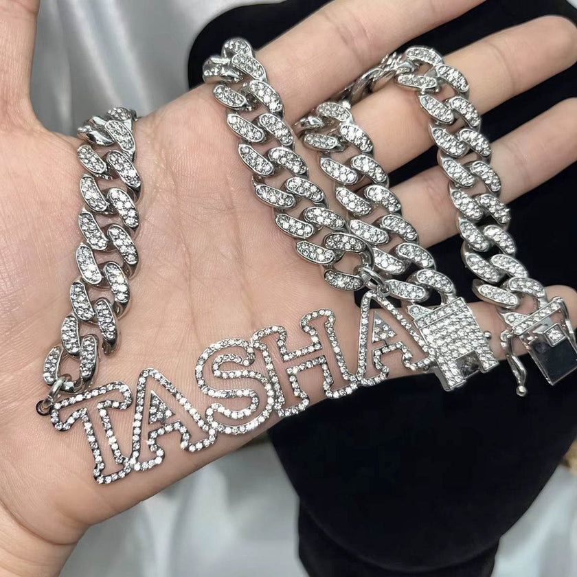 Custom Bling Name Necklace Zircon Name Necklace 12Mm Miami Cuban Link Choker 3D Hollow Name Pendant Men Necklace Father Day Gift