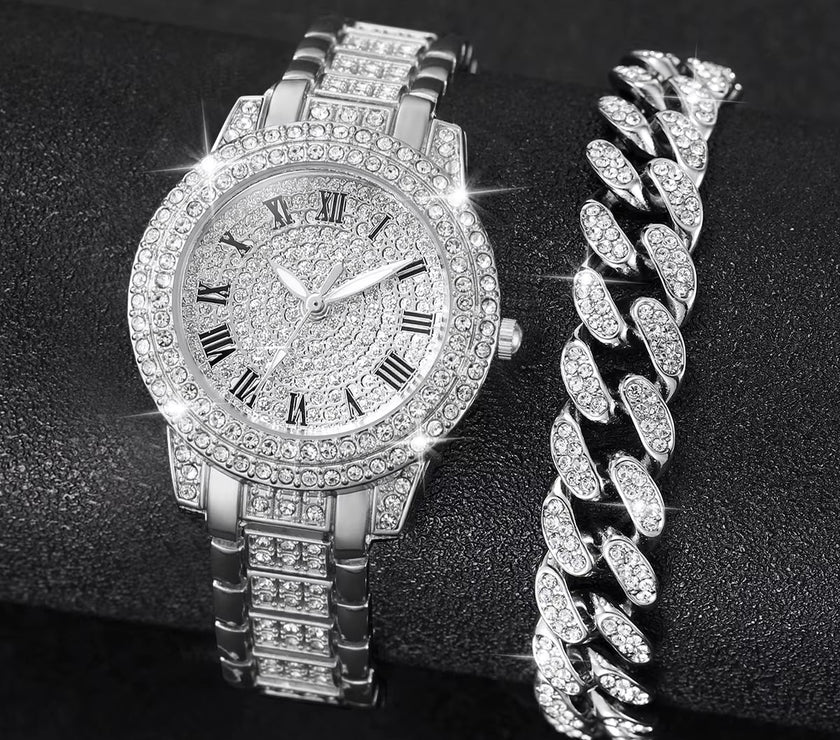 2PCS Fashion Diamond Women Watches Gold Watch Ladies Wrist Watches Luxury Rhinestone Womens Bracelet Watches Relogio Feminino