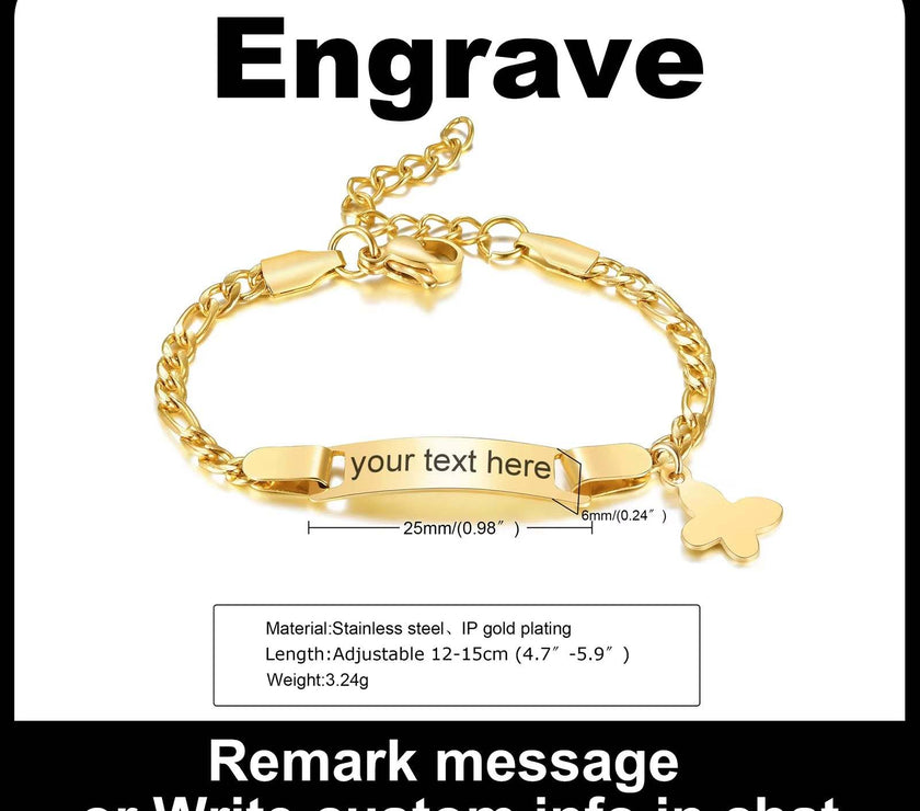 Personalize Name Bracelet for Baby Boy Girl Figaro Chain Smooth Bangle Link Gold Tone No Fade Safty Jewelry 12Cm to 15Cm