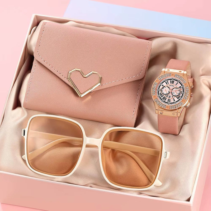 Luxury 3PCS Set Women Casual Leather Watches Quartz Wristwatches & Ladies Heart Bow Wallet Glasses Sunglasses Clock Montre Femme
