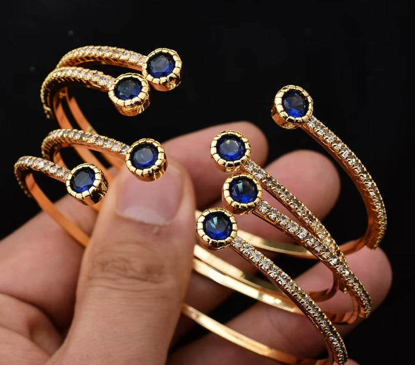24K 4Pcs/Lot Dubai Ethiopian Gold Color Colored Stones Cuff Bangles for Women Wife Wedding Jewelry Bangles&Bracelet Gifts