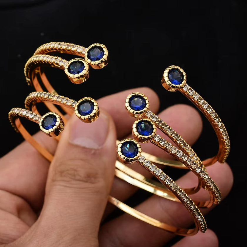 24K 4Pcs/Lot Dubai Ethiopian Gold Color Colored Stones Cuff Bangles for Women Wife Wedding Jewelry Bangles&Bracelet Gifts