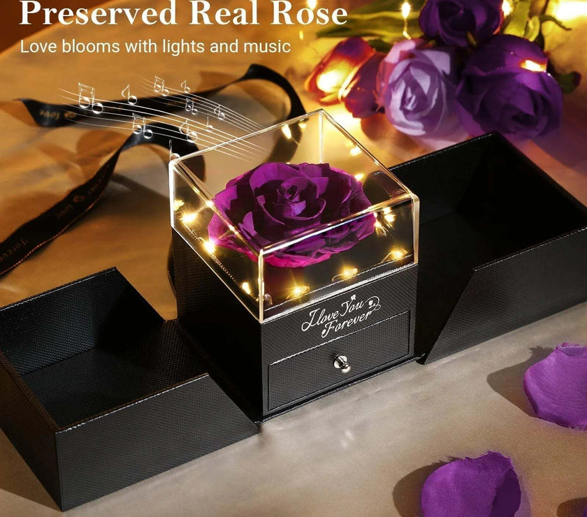 Preserved Rose Flower with Heart Necklace, Eternal Purple Real Rose with Music LED Lights for Her Women Wife Grandma Anniversary Birthday Romantic Gifts, Purple