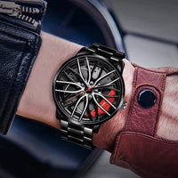 Car Watches for Men Waterproof Stainless Steel Quartz Wrist Watch Sports Men'S Watches with Car Wheel Rim Hub Design