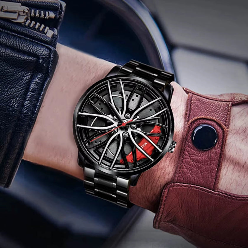 Car Watches for Men Waterproof Stainless Steel Quartz Wrist Watch Sports Men'S Watches with Car Wheel Rim Hub Design