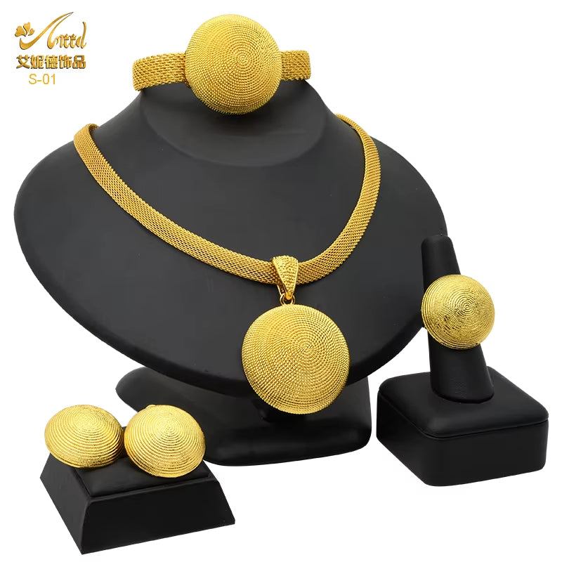 Dubai 24K Gold Color Jewelry Set for Women African Nigerian Necklace Set Earrings and Bracelets Bridal Indian Fashion