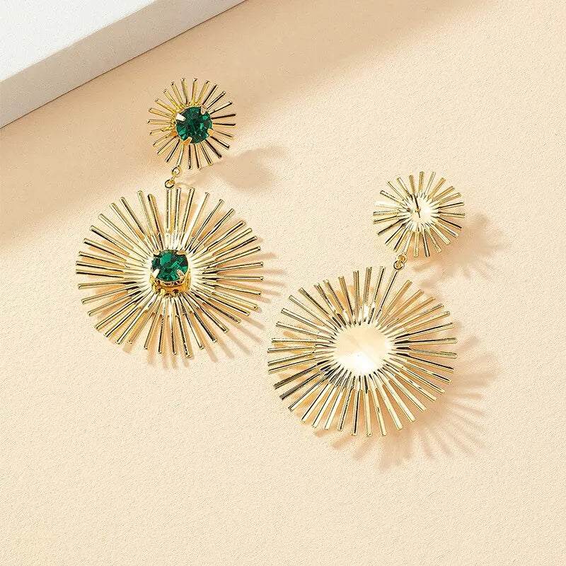 Product Description Green Stone Big Metal Dangle Earring Post for Women Gold Color Vintage Geometric Statement Drop Earrings New Style