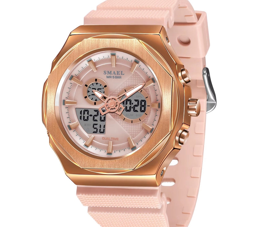 SMAEL Sport Watches Women 50M Waterproof Lady Watches Pink Lover Gifts 8102 Dual Time Diaplay Watches Digital LED Back Light