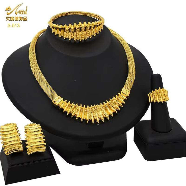 Dubai 24K Gold Color Jewelry Set for Women African Nigerian Necklace Set Earrings and Bracelets Bridal Indian Fashion