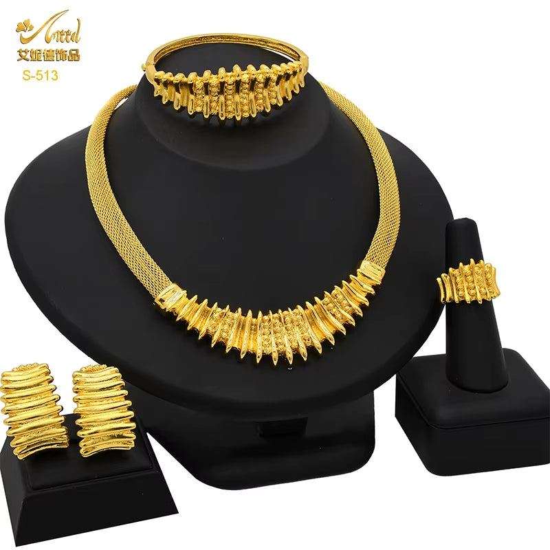 Dubai 24K Gold Color Jewelry Set for Women African Nigerian Necklace Set Earrings and Bracelets Bridal Indian Fashion