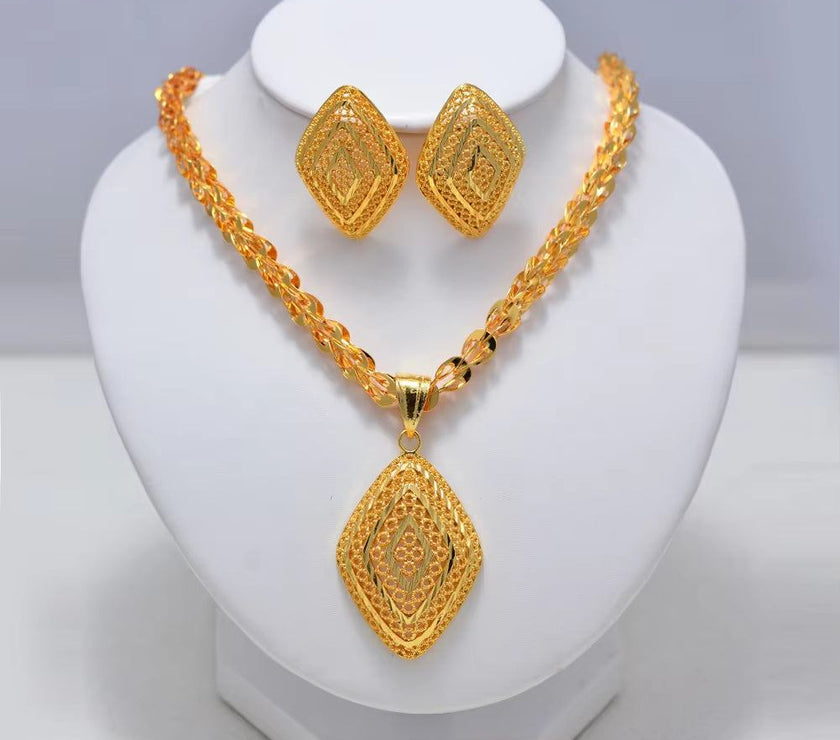 Fashion New Gold Color Wedding Jewelry Set Party Bride Women with Earrings Necklace