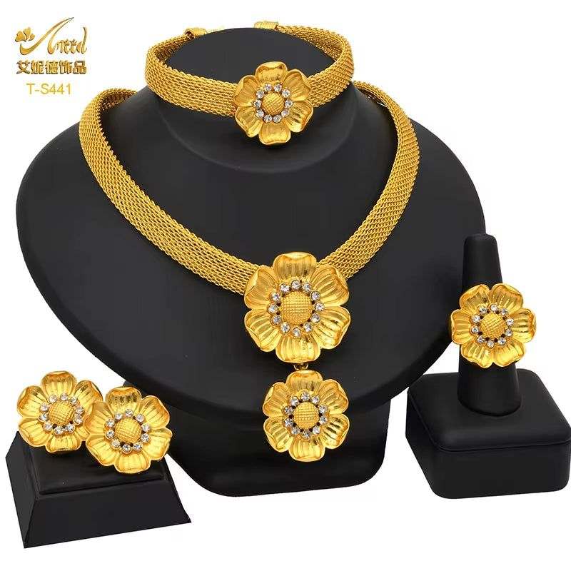 Dubai 24K Gold Color Jewelry Set for Women African Nigerian Necklace Set Earrings and Bracelets Bridal Indian Fashion