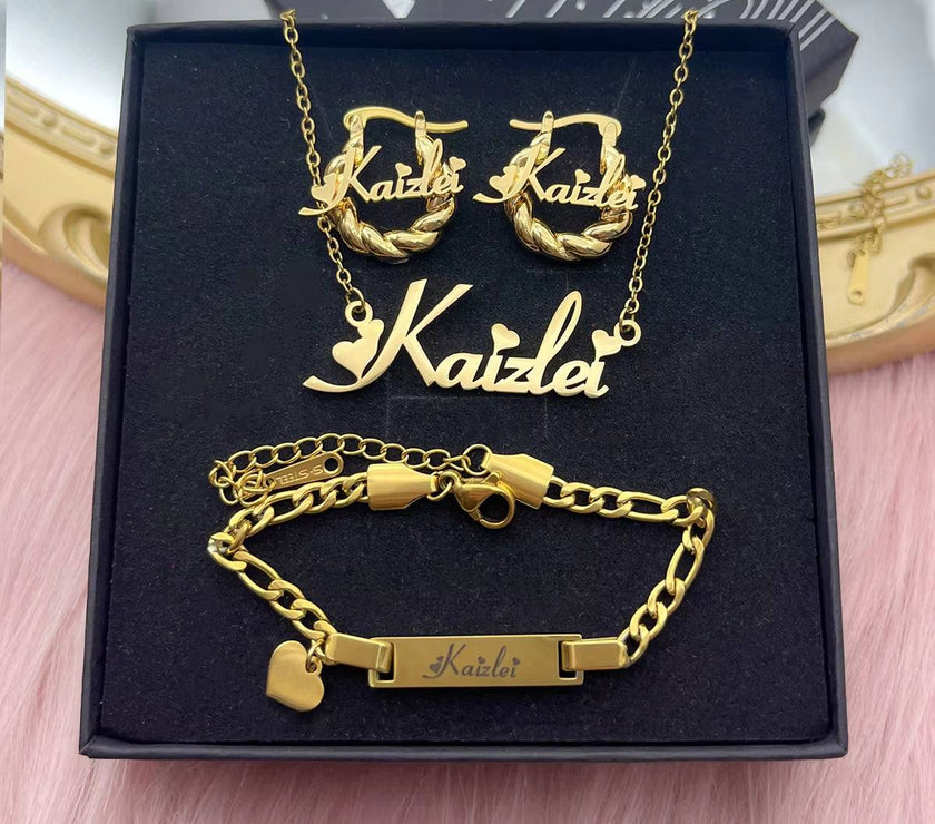 DHQH Original New Custom Name Set Jewelry Stainless Steel Love Crown Name Pendant Engraved Name Children'S Bracelet Necklace Set