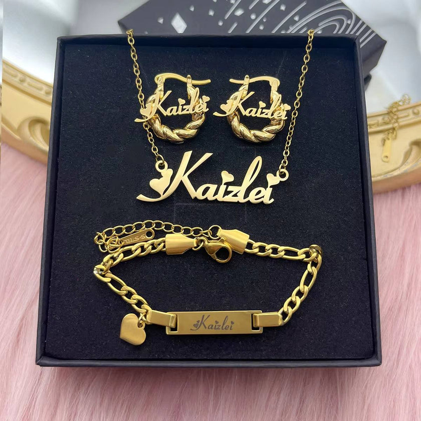 DHQH Original New Custom Name Set Jewelry Stainless Steel Love Crown Name Pendant Engraved Name Children'S Bracelet Necklace Set
