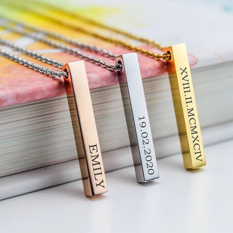 Custom Long Vertical Bar Necklace for Women Men Engrave Persoanlized Name Initial Pendant Stainless Steel Inspiration Gifts