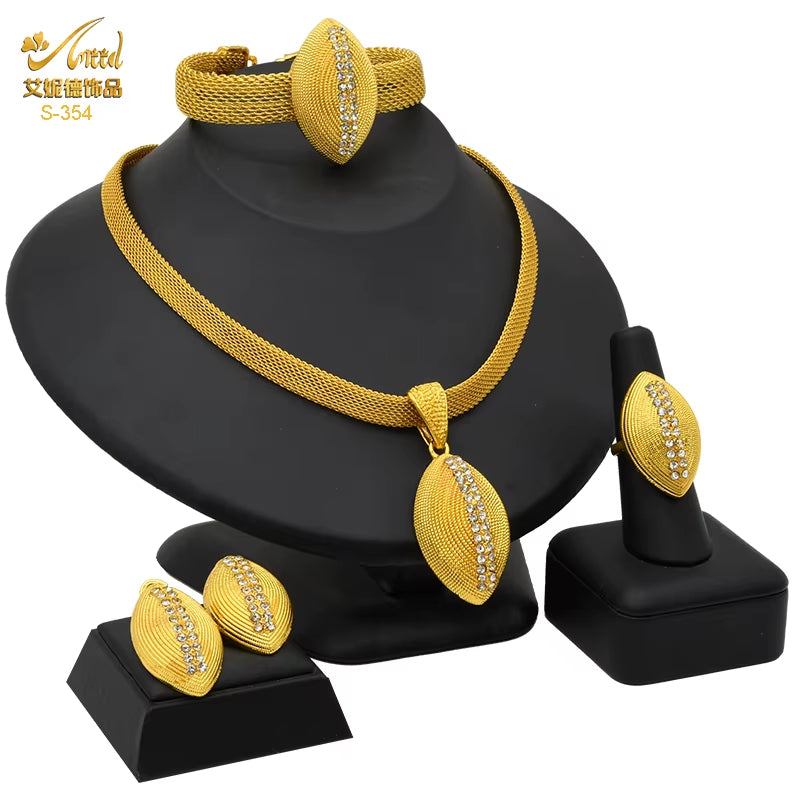 Dubai 24K Gold Color Jewelry Set for Women African Nigerian Necklace Set Earrings and Bracelets Bridal Indian Fashion