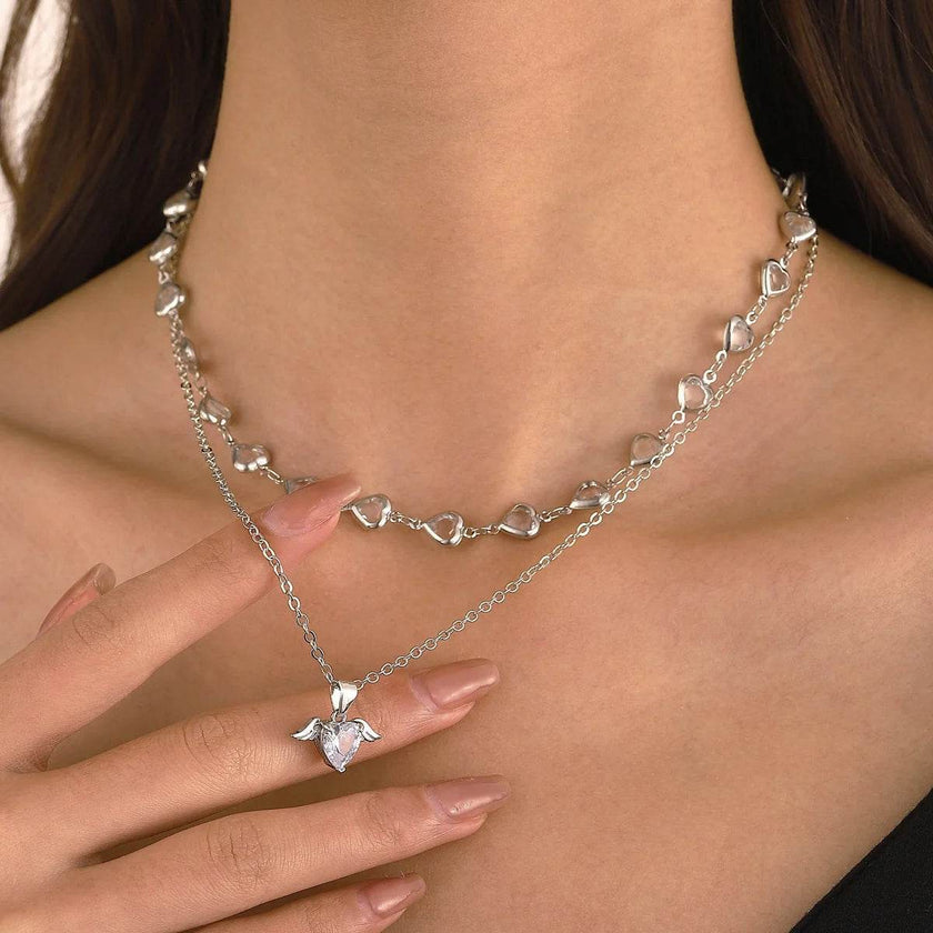 Fashionable Design Crystal Heart Pendant Necklaces for Women Heart Necklace Angle Necklace Dainty Layered Pendant Necklaces Jewelry Gift for Her