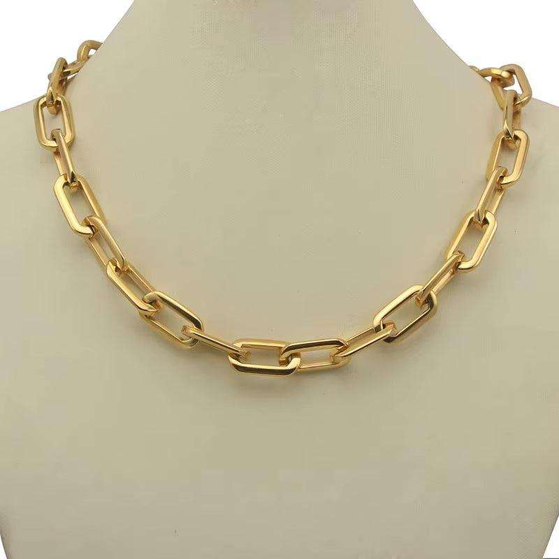 Thick Flat Rounded Rectangle Gold-Color Link Chain Necklace Men Women Stainless Steel Fashion Jewelry 1 Piece