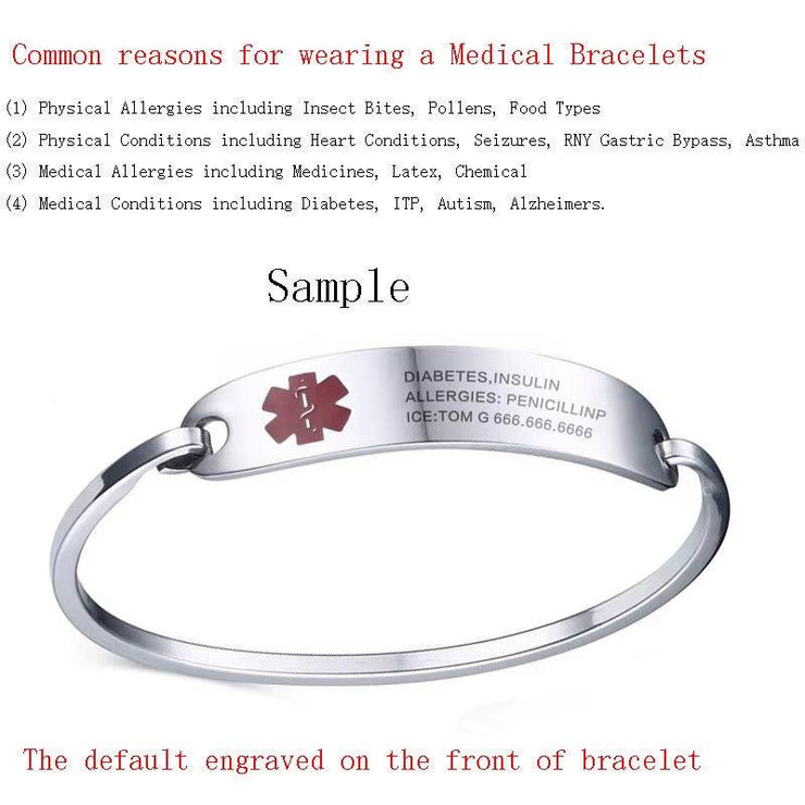 Free Engraving Medical Alert Bracelet Non Allergenic Surgical Steel ID Cuff Bangle Bracelets for Women Jewelry