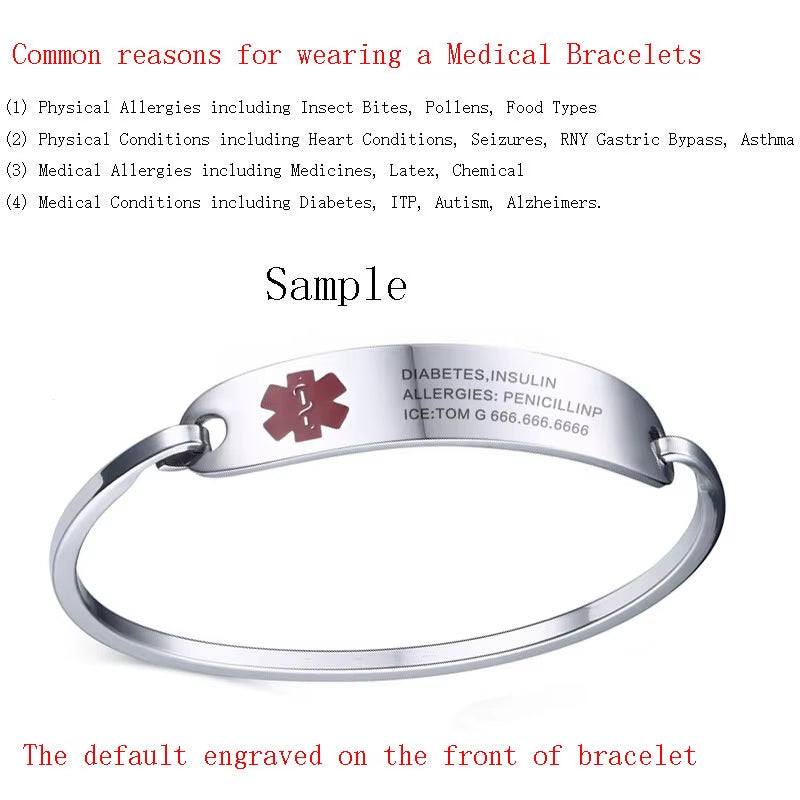 Free Engraving Medical Alert Bracelet Non Allergenic Surgical Steel ID Cuff Bangle Bracelets for Women Jewelry