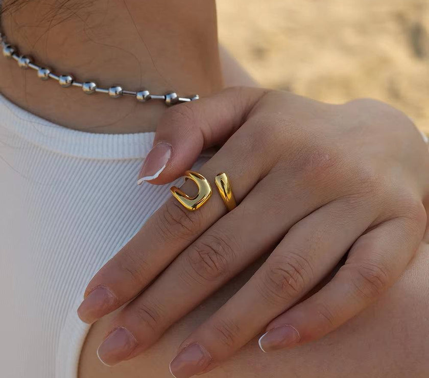 Uworld Stainless Steel Geometric Hollow Layered Wide Ring Metal Texture Waterproof Daily Simple Stylish Golden Jewelry for Women