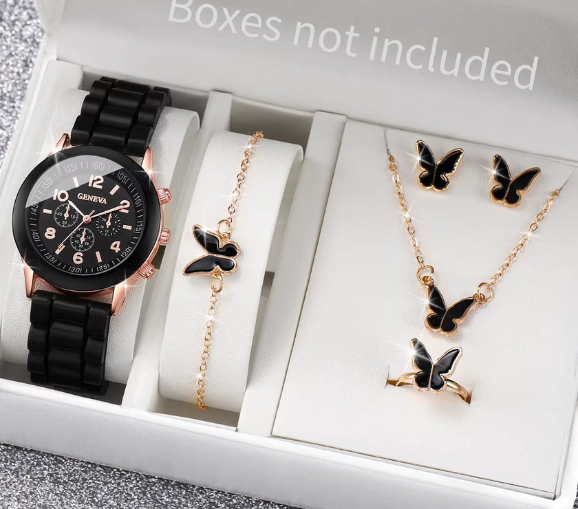 5/6PCS Women Watches Fashion Silicone Band Women Quartz Watches Jewelry Set Reloj Mujer Girls Clock Gift (Without Box)