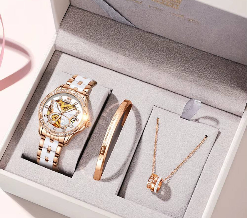 Automatic Watches for Women Luxury Rose Gold Skeleton Mechanical Waterproof Luminous Women Bracelets Watches Elegant Set