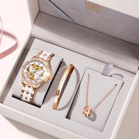 Automatic Watches for Women Luxury Rose Gold Skeleton Mechanical Waterproof Luminous Women Bracelets Watches Elegant Set