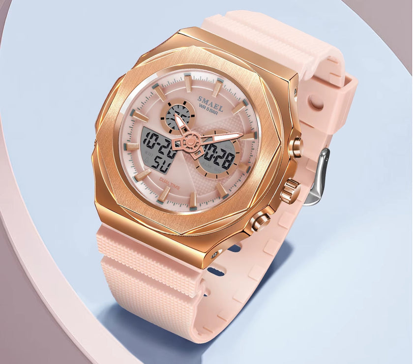 SMAEL Sport Watches Women 50M Waterproof Lady Watches Pink Lover Gifts 8102 Dual Time Diaplay Watches Digital LED Back Light