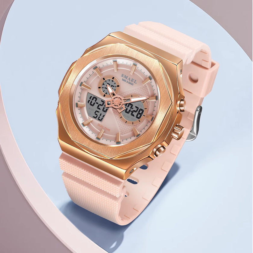 SMAEL Sport Watches Women 50M Waterproof Lady Watches Pink Lover Gifts 8102 Dual Time Diaplay Watches Digital LED Back Light