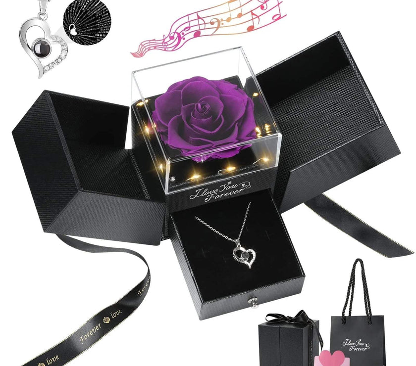 Preserved Rose Flower with Heart Necklace, Eternal Purple Real Rose with Music LED Lights for Her Women Wife Grandma Anniversary Birthday Romantic Gifts, Purple