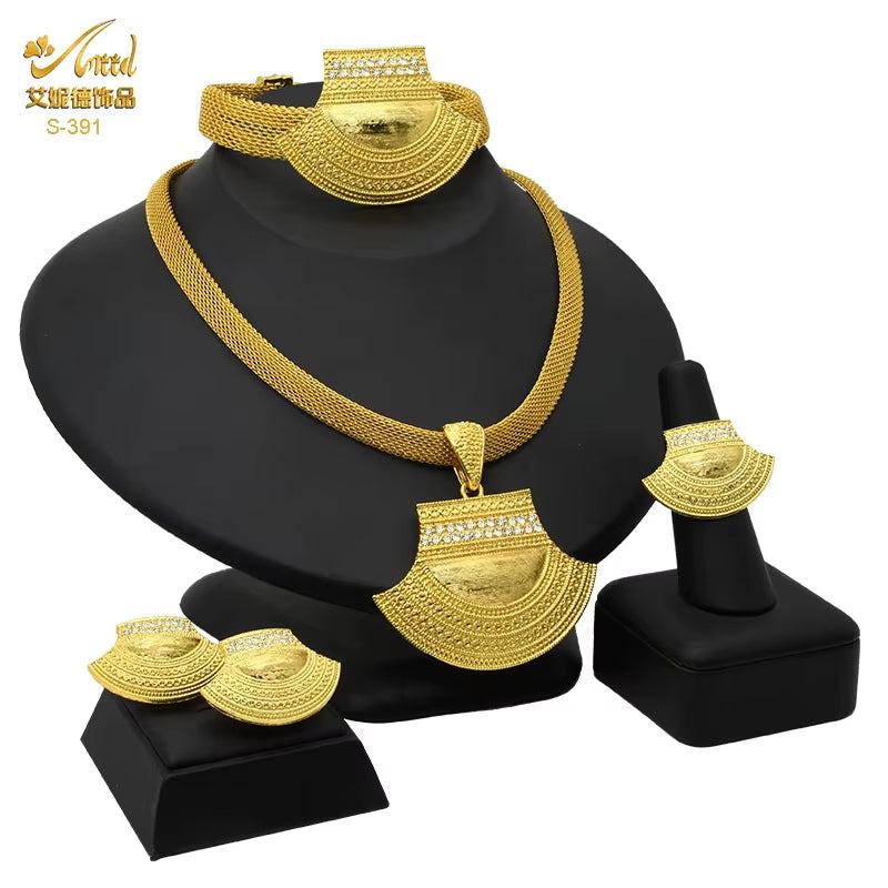 Dubai 24K Gold Color Jewelry Set for Women African Nigerian Necklace Set Earrings and Bracelets Bridal Indian Fashion