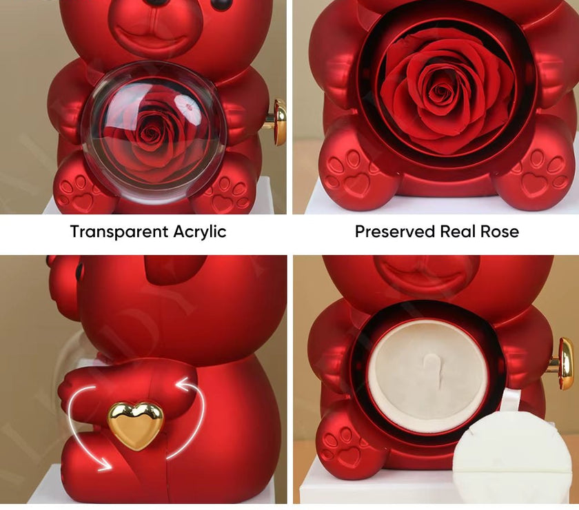 Allidy - Real Eternal Red Rose Teddy Bear Custom Name Necklace Jewelry Set Gift Box Christmas Valentine'S Birthday Wedding Gift