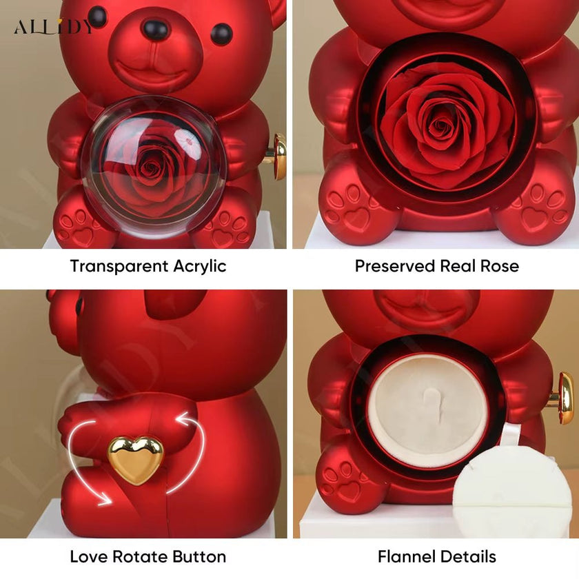 Allidy - Real Eternal Red Rose Teddy Bear Custom Name Necklace Jewelry Set Gift Box Christmas Valentine'S Birthday Wedding Gift