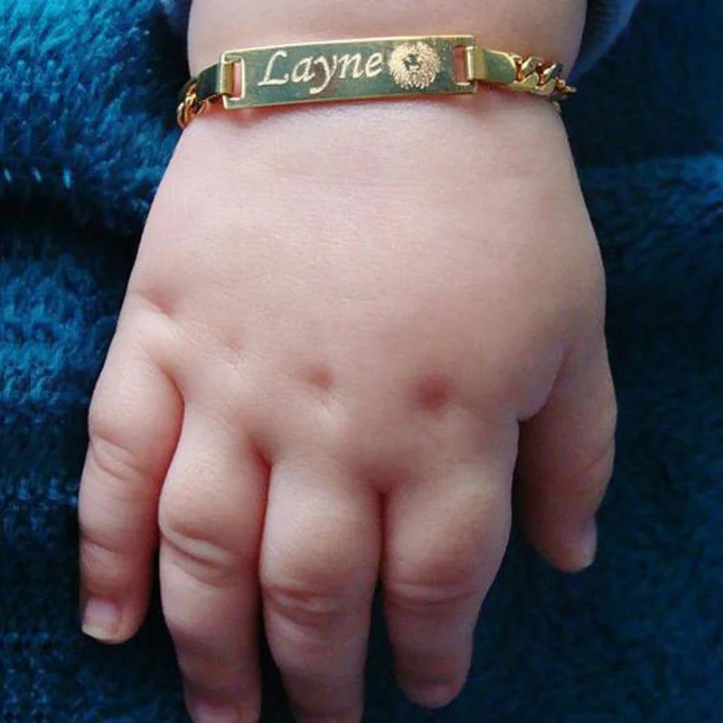 Personalize Name Bracelet for Baby Boy Girl Figaro Chain Smooth Bangle Link Gold Tone No Fade Safty Jewelry 12Cm to 15Cm