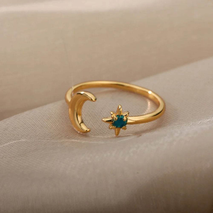 Christmas Zircon Moon Rings for Women Stainless Steel Glowing Moon Star Adjustable Finger Ring Aesthetic Wedding Jewelery Gift Bague Femme