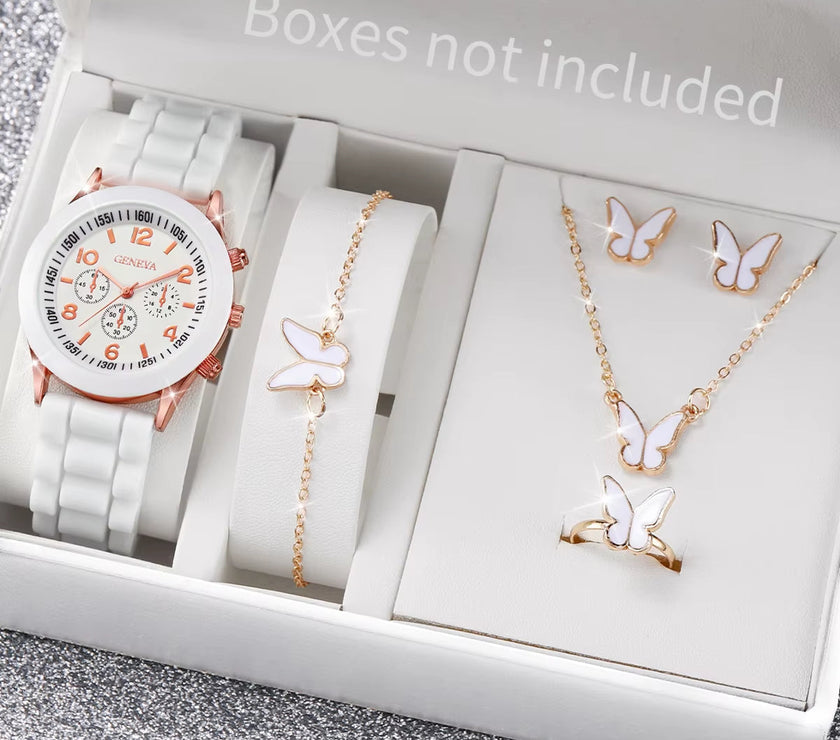 5/6PCS Women Watches Fashion Silicone Band Women Quartz Watches Jewelry Set Reloj Mujer Girls Clock Gift (Without Box)