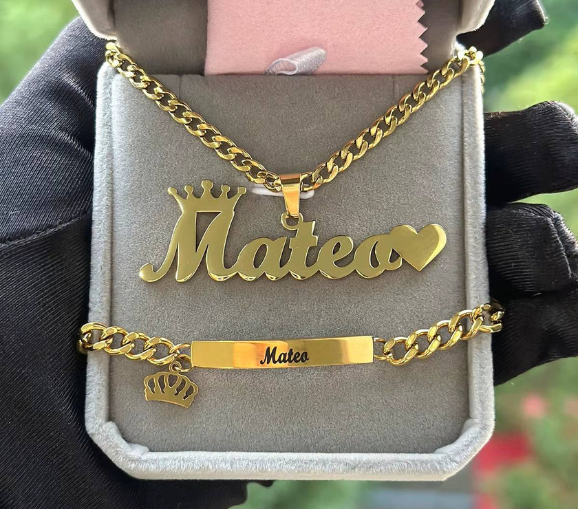 DHQH Original New Custom Name Set Jewelry Stainless Steel Love Crown Name Pendant Engraved Name Children'S Bracelet Necklace Set