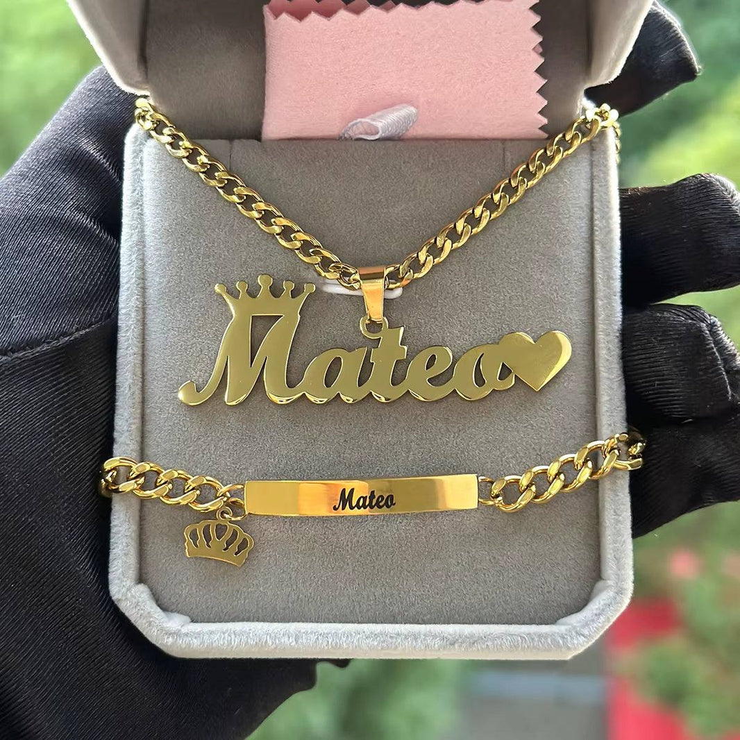 DHQH Original New Custom Name Set Jewelry Stainless Steel Love Crown Name Pendant Engraved Name Children'S Bracelet Necklace Set