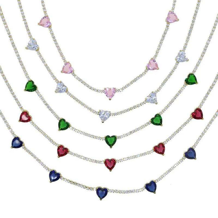 Valentine'S Day Gift Heart Design Fashion Jewelry Gold Color 3Mm CZ Tennis Chain Colorful Heart Stone Choker Necklace