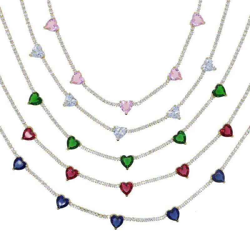 Valentine'S Day Gift Heart Design Fashion Jewelry Gold Color 3Mm CZ Tennis Chain Colorful Heart Stone Choker Necklace